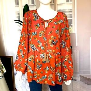 Chenault Orange Paisley Print  Long Sleeve Peasant Top. Size XL. P3/A